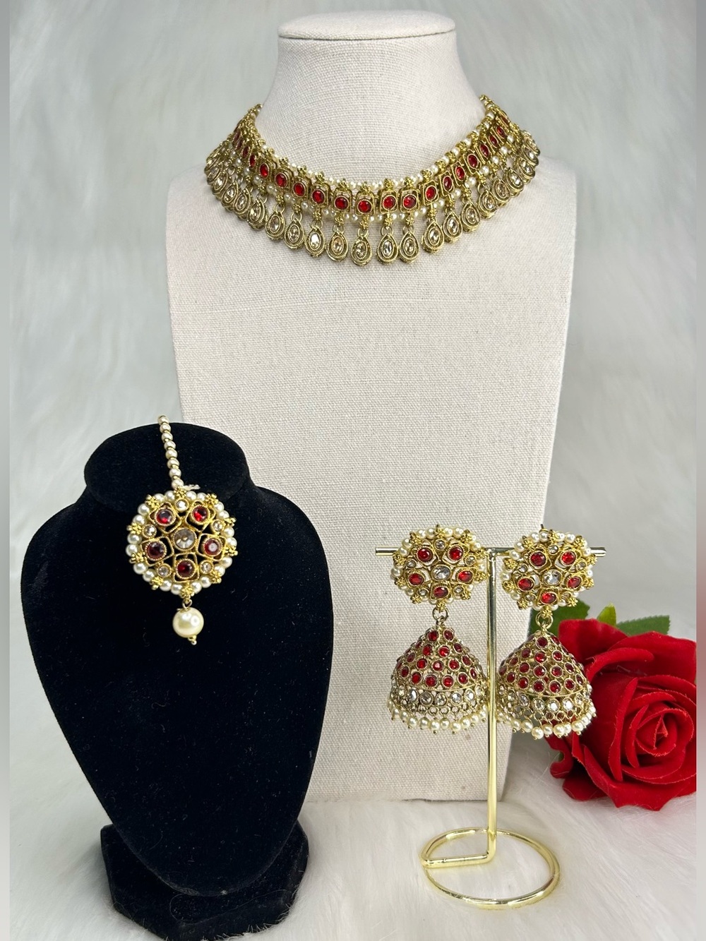 Beautiful Gold-Tone Glossy Red Necklace With Jhumka and Tikka Set